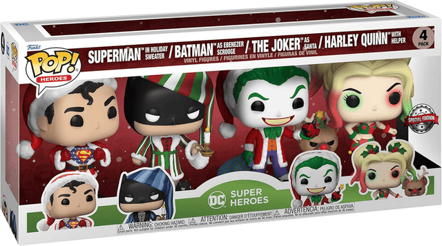 superman in holiday sweater batman as ebenezer scrooge the joker santa harley quinn with helper special edition 4 pack