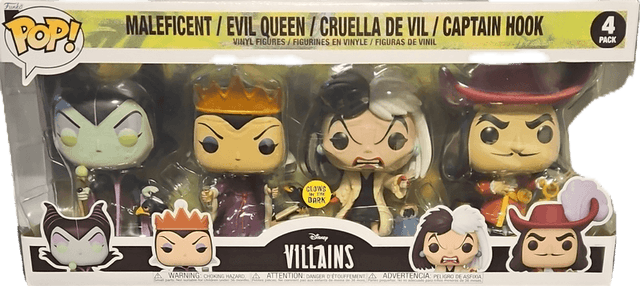 maleficent evil queen cruella de vil captain hook glows in the dark 4 pack