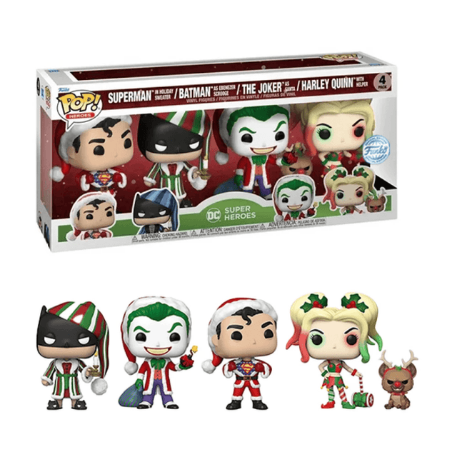 superman in holiday sweater batman as ebenezer scrooge the joker santa harley quinn with helper special edition 4 pack