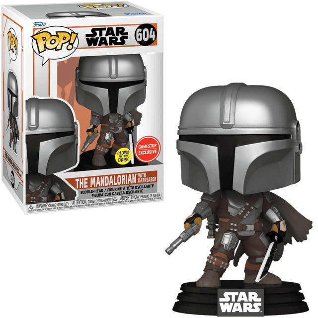 the mandalorian with darksaber gamestop exclusive glows in dark 604