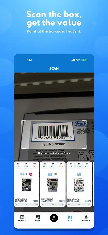 Scan the box, get the value: point at the barcode, that's it